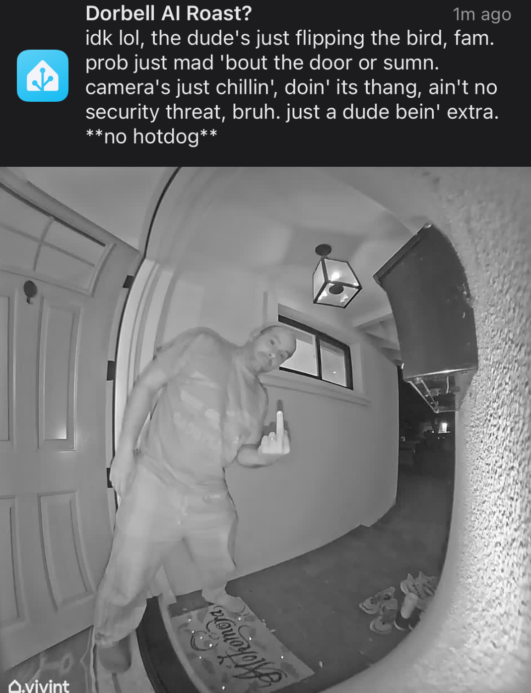 idk lol, the dude's just flipping the bird, fam. prob just mad 'bout the door or sumn. camera's just chillin', doin' its thang, ain't no security threat, bruh. just a dude bein' extra. **no hotdog**