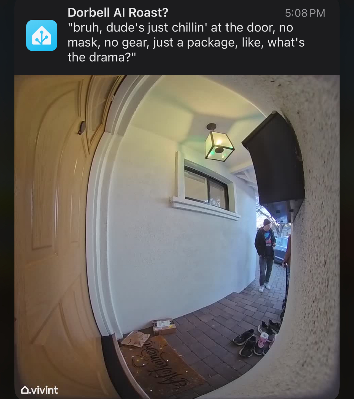 bruh, dude's just chillin' at the door, no mask, no gear, just a package, like what's the drama?
