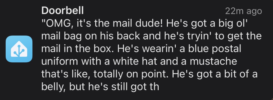 OMG, it's the mail dude! He's got a big ol' mail bag on his back and he's tryin' to get the mail in the box. He's wearin' a blue postal uniform with a white hat and REDACTD that's like totally on point. He's got REDACTED